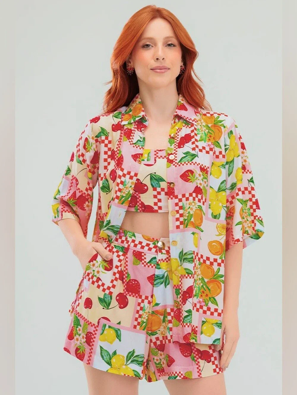 Women's Muslin Gauze Lemon Multi Fruit-Print Button Shirt Shorts Set Nwt